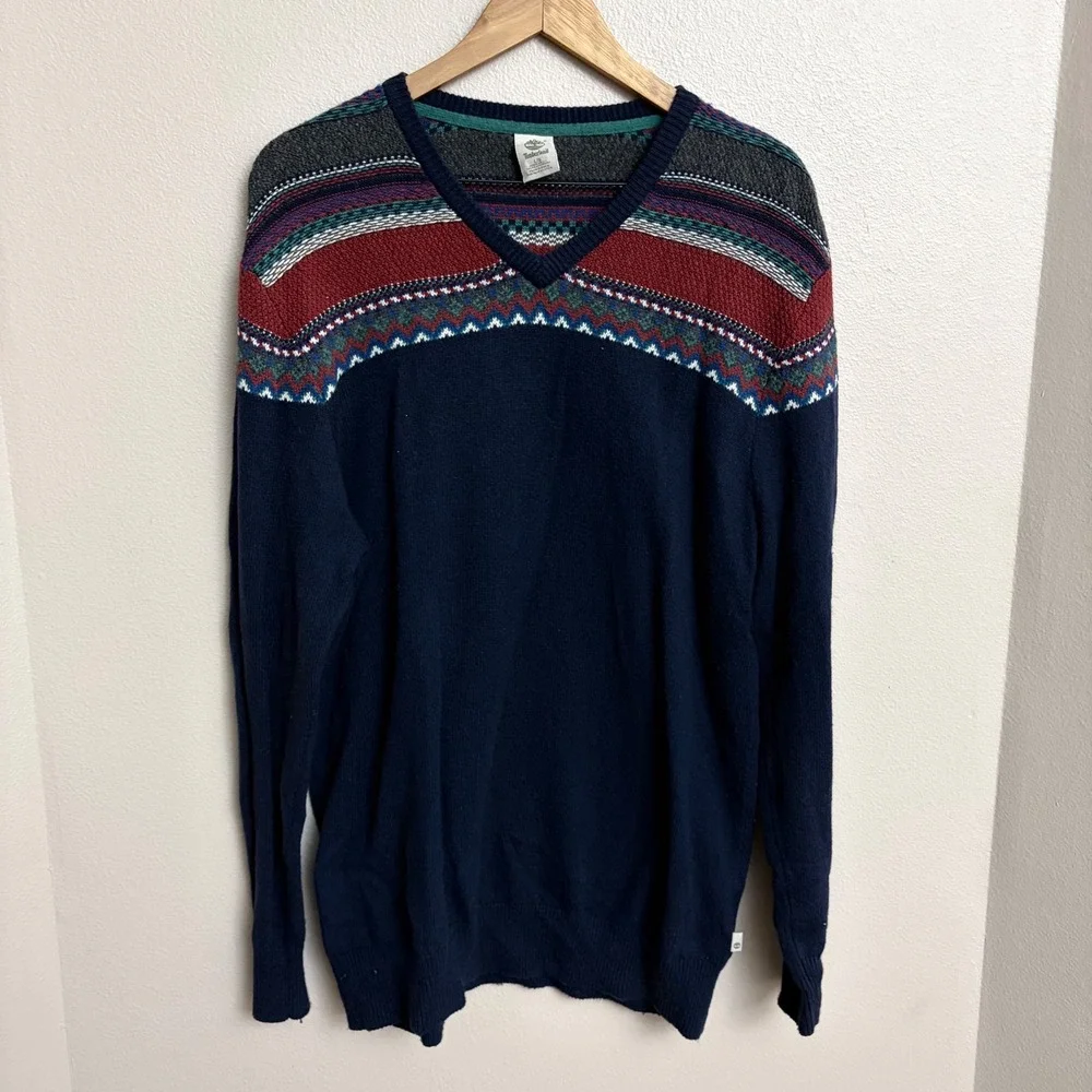 Timberland Sweater Large Mens Navy Blue Fair Isle V-Neck Wool Blend TB07914J